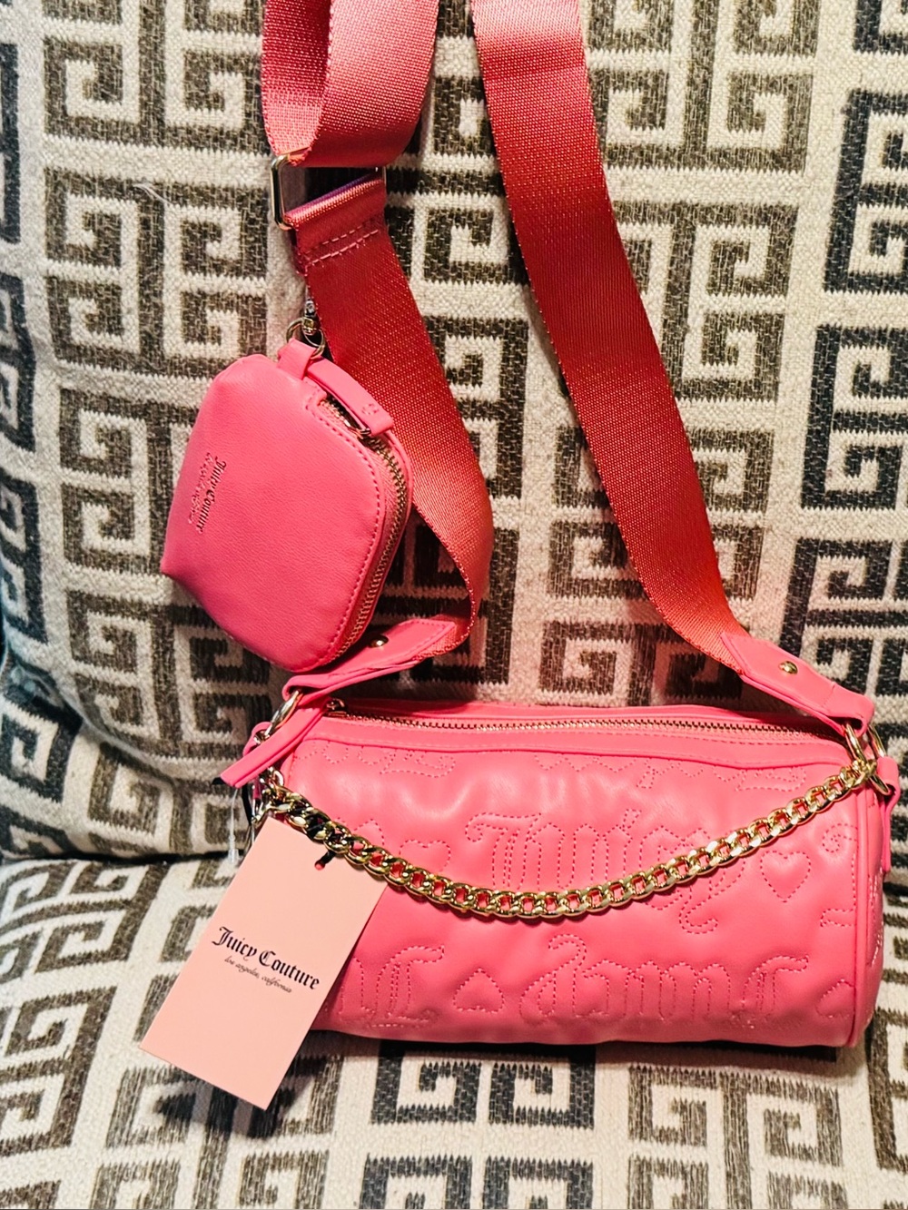 Juicy Couture Hot Pink Quilted Logo Crossbody with Gold Chain